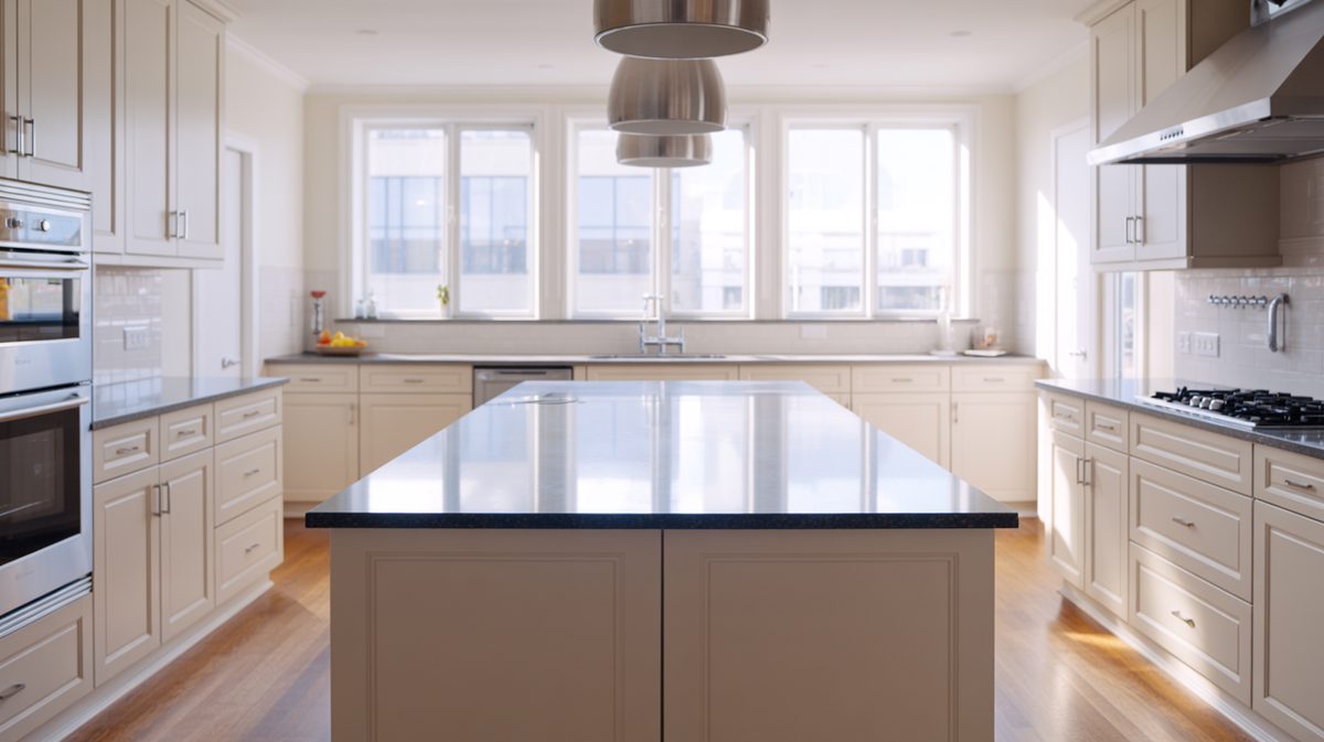 Long black quartz island in cream kitchen with stainless pendants and sunny windows
