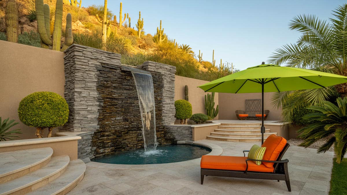 Gravel desert yard with ocotillo barrel cactus mountain backdrop and fountain to pool