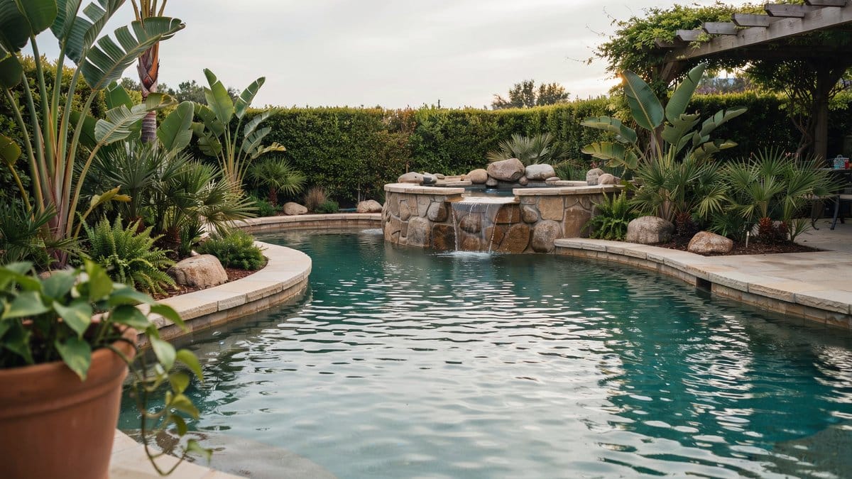 Backyard lazy river winding around a stone hot tub island with waterfall