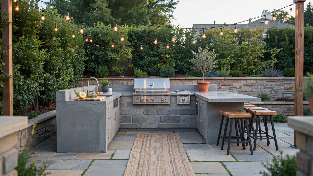 U-shaped concrete countertop island with stacked stone base and stainless grill outdoors