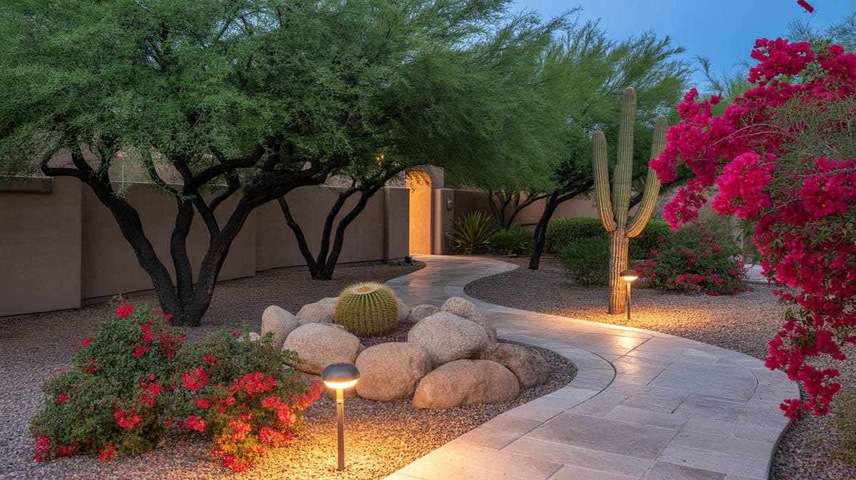 Walkway through yard with rock landscaping