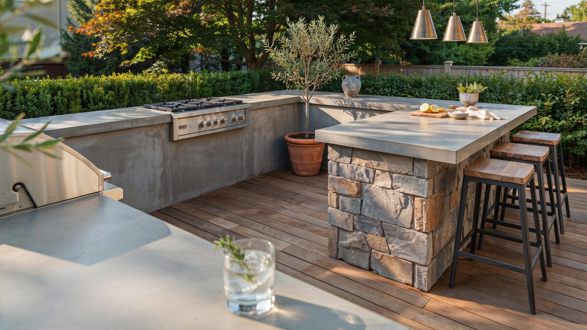 L-shaped concrete counter with stone island and bar stools on wood deck