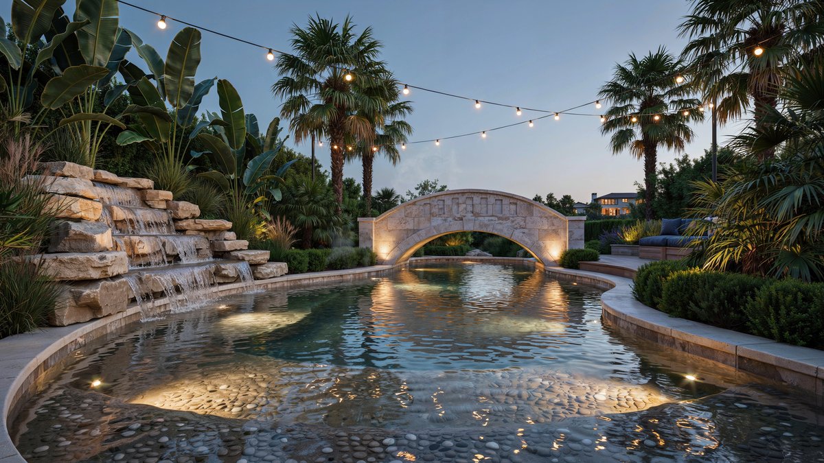 Luxury lazy river pool with a stone waterfall and arched bridge