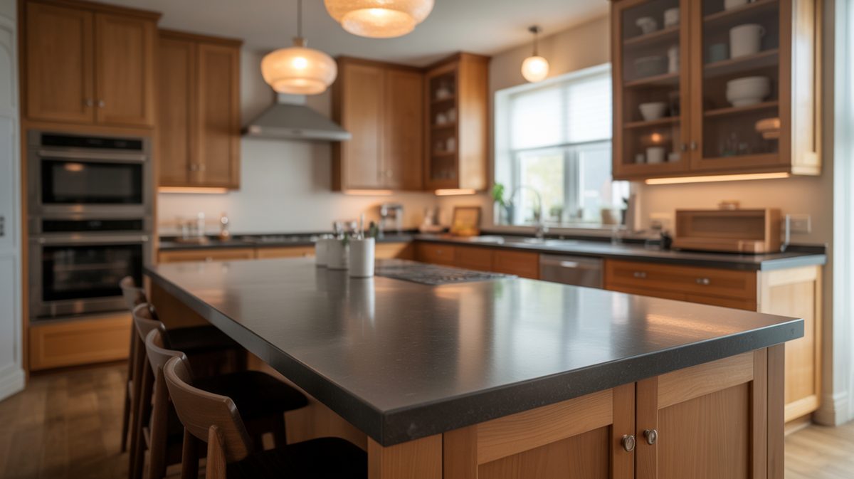 Matte black quartz island in warm wood kitchen with glowing glass pendant lights
