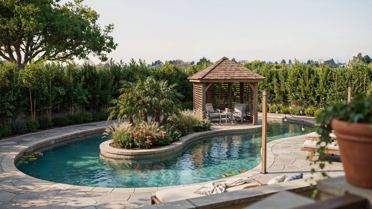 Lazy river pool looping around a center island with wooden gazebo