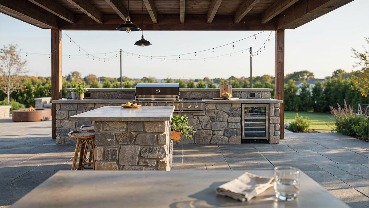 Backyard pavilion outdoor kitchen with stone island and hanging string lights