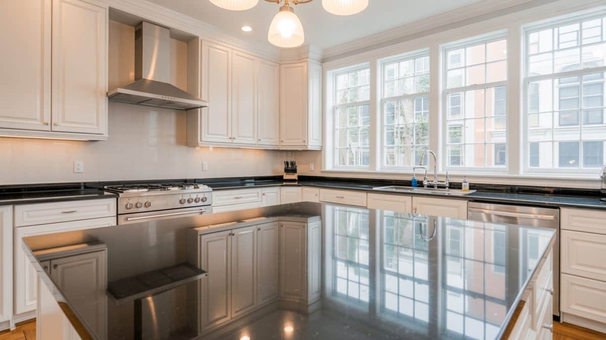 Glossy black quartz countertops reflecting bright windows in a classic white traditional kitchen