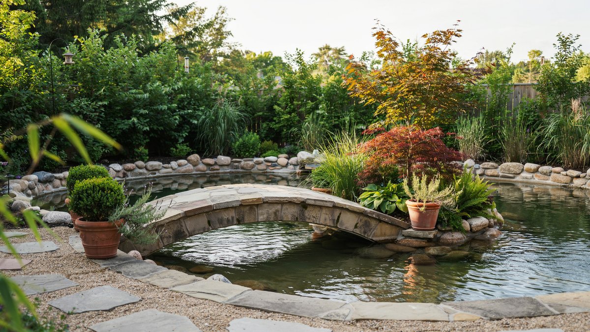 Curved rock edged lazy river with a stone bridge to island