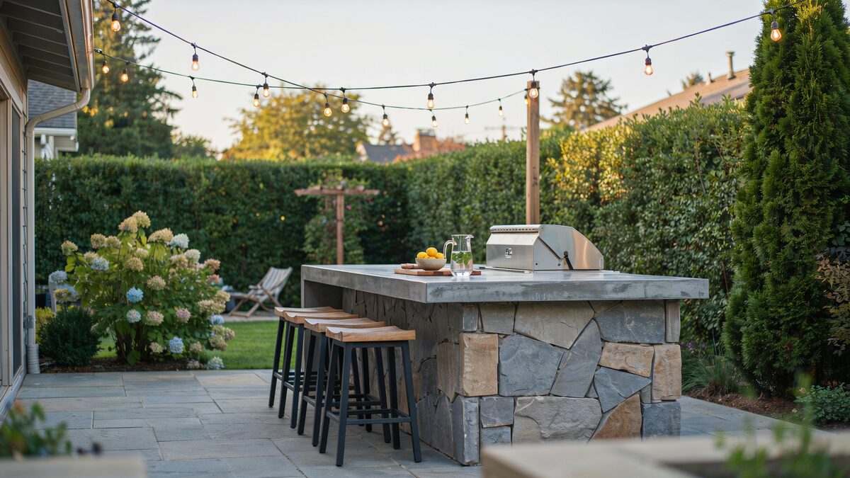 Long concrete-top island with stacked stone base and black bar stools