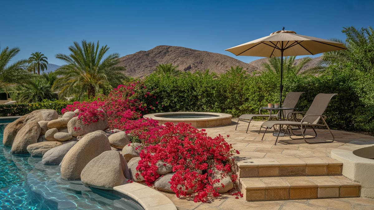 Pool with pink bougainvillea spa lounge and mountain view