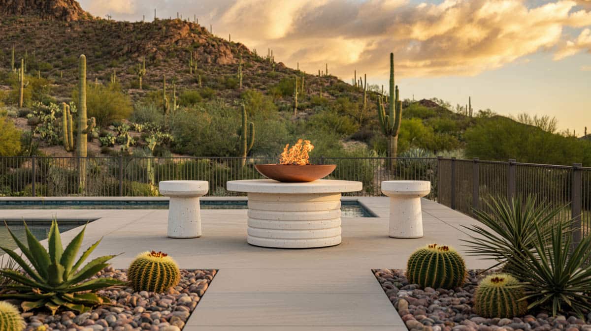 Desert scenery patio with copper bowl fire pit and white stools looking at barrel cactus