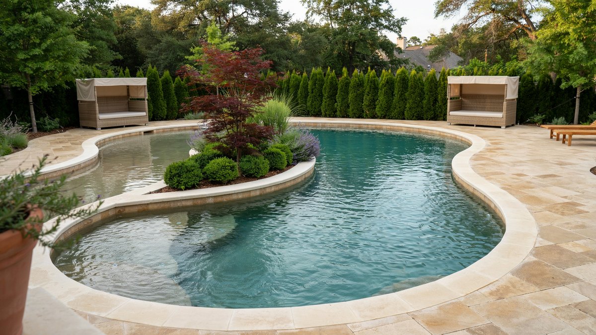 Lazy river pool wrapping a center island planted with tall trees