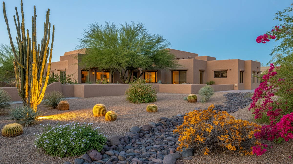 Home at dusk with palo verde barrel cacti, dry riverbed and bougainvillea