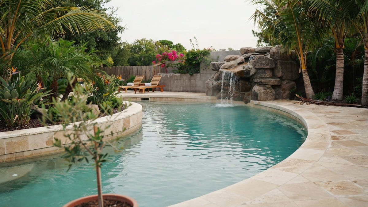 Backyard lazy river pool with a natural rock waterfall and palms