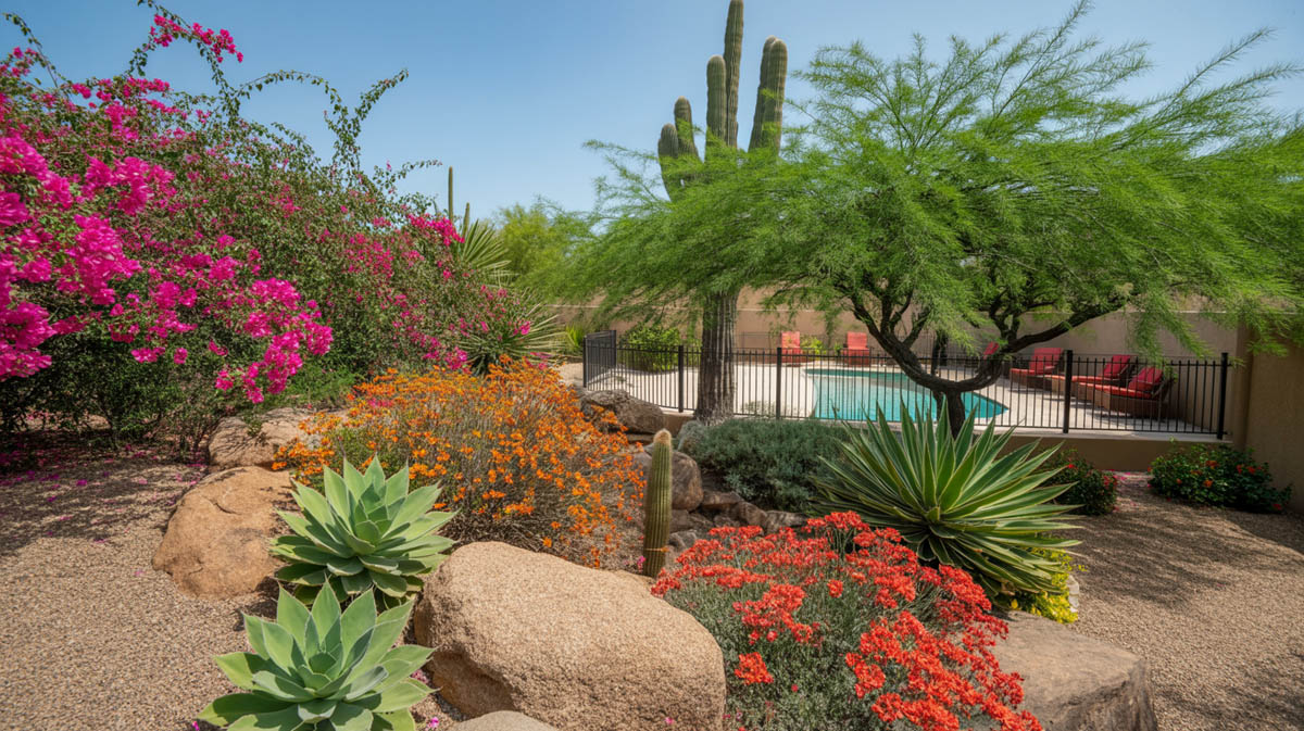 Colorful desert backyard with bougainvillea, agave and saguaro