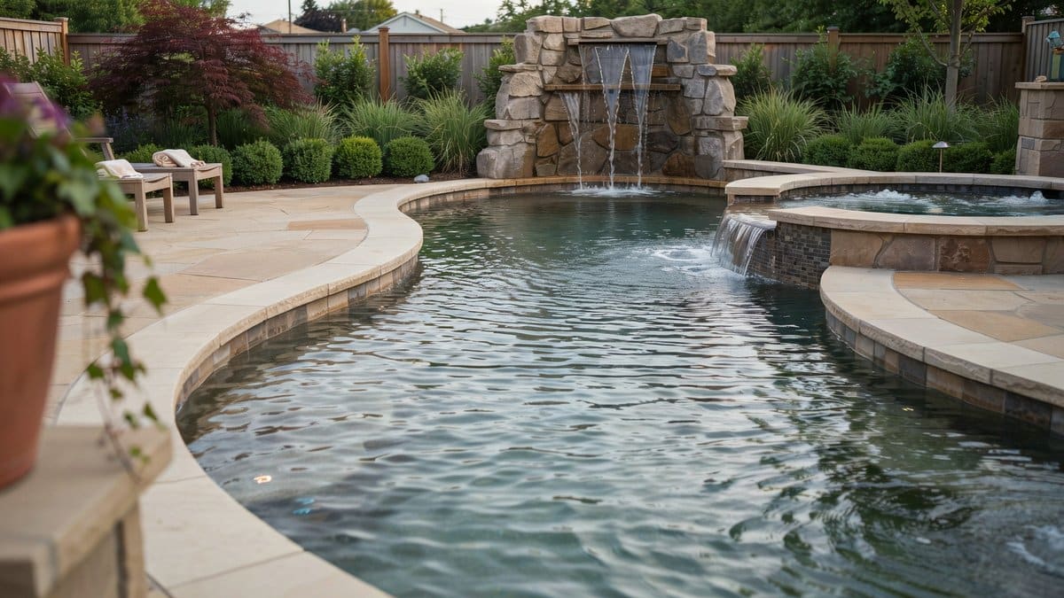 Custom lazy river pool with a rock wall feature and hot tub
