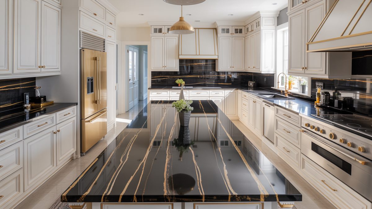 Black and gold veined quartz island with ivory cabinets and brass accents