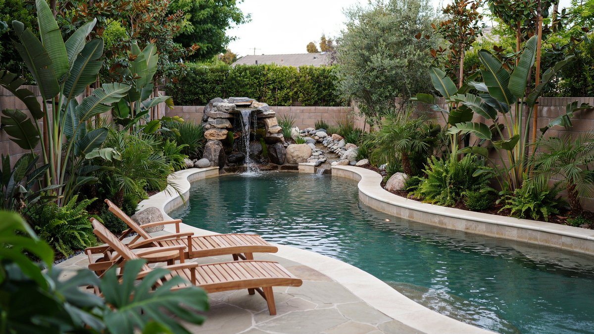 Backyard lazy river pool with a stacked rock water feature and stream