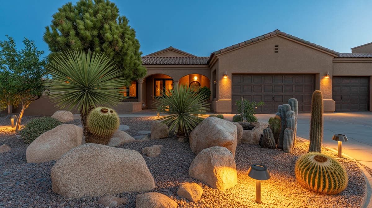 Front yard of home with desert plants and boulders