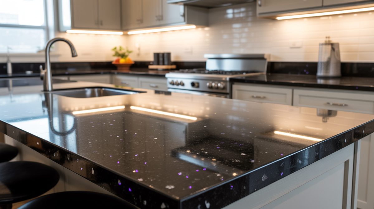 Black sparkle quartz countertop with tiny mirrored flecks catching warm island lighting