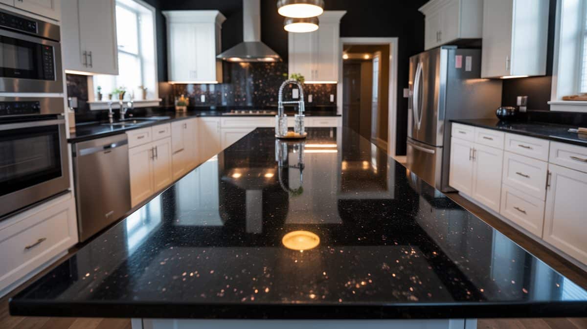 Black galaxy quartz island with copper gold speckles against white cabinets and dark walls