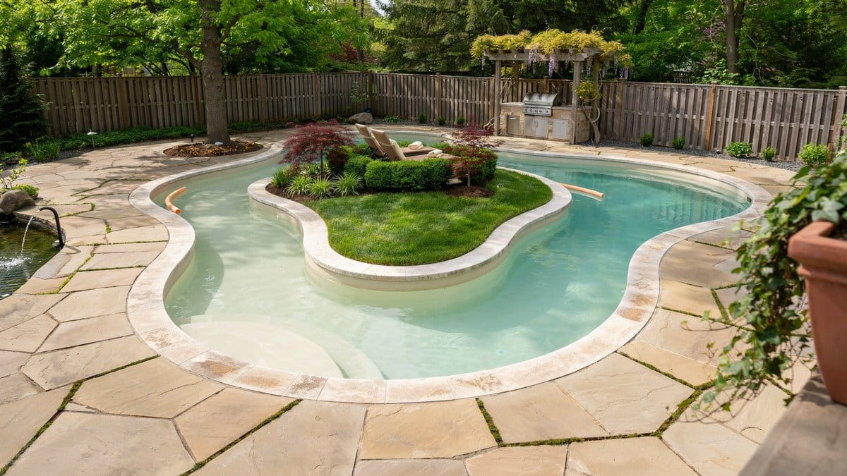 Large backyard lazy river looping around a grassy planted middle island
