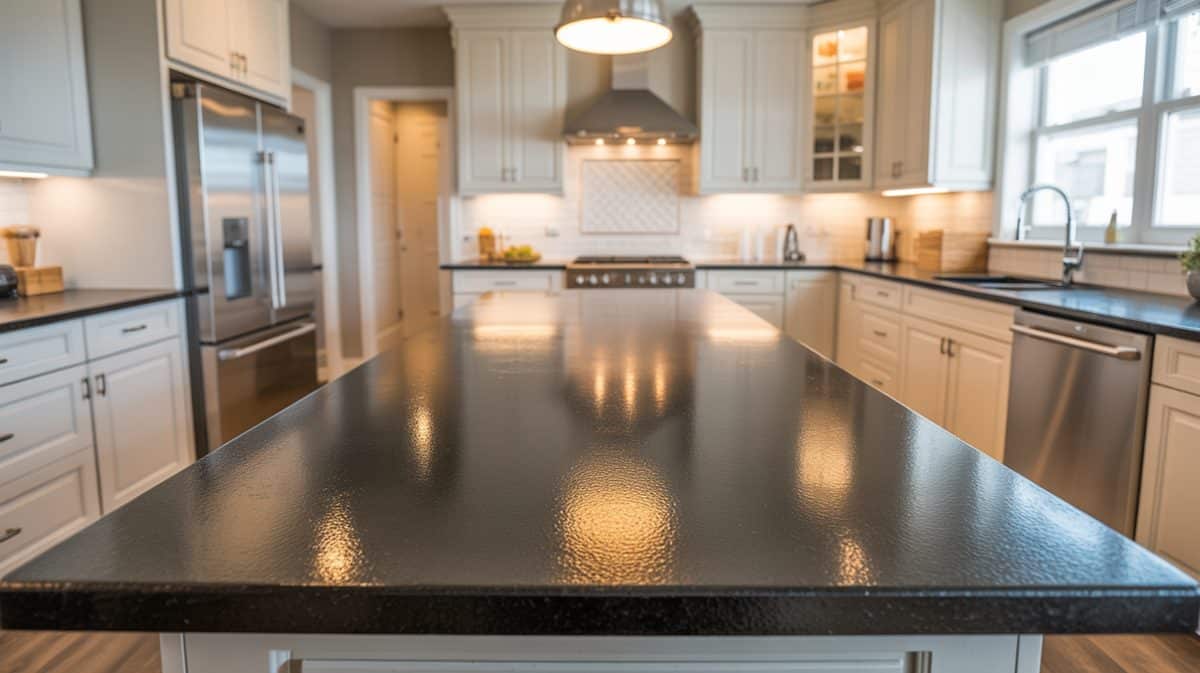 Textured black leather finish quartz island with white cabinets and soft warm lighting