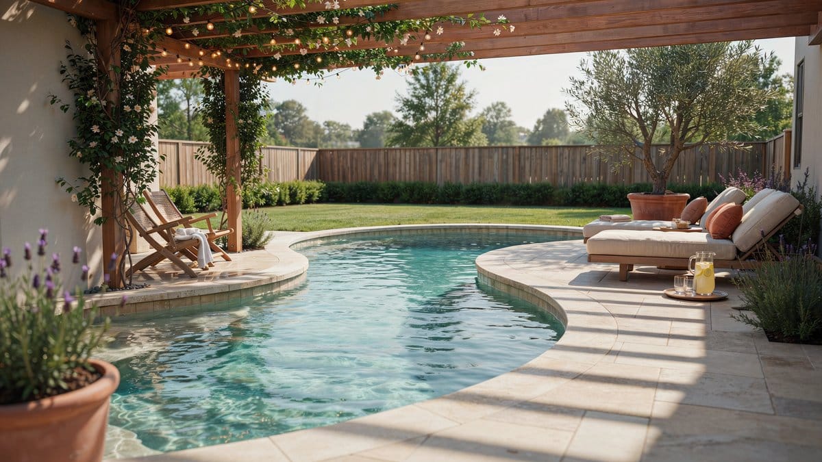 Backyard lazy river pool with a shallow sunbathing shelf and loungers