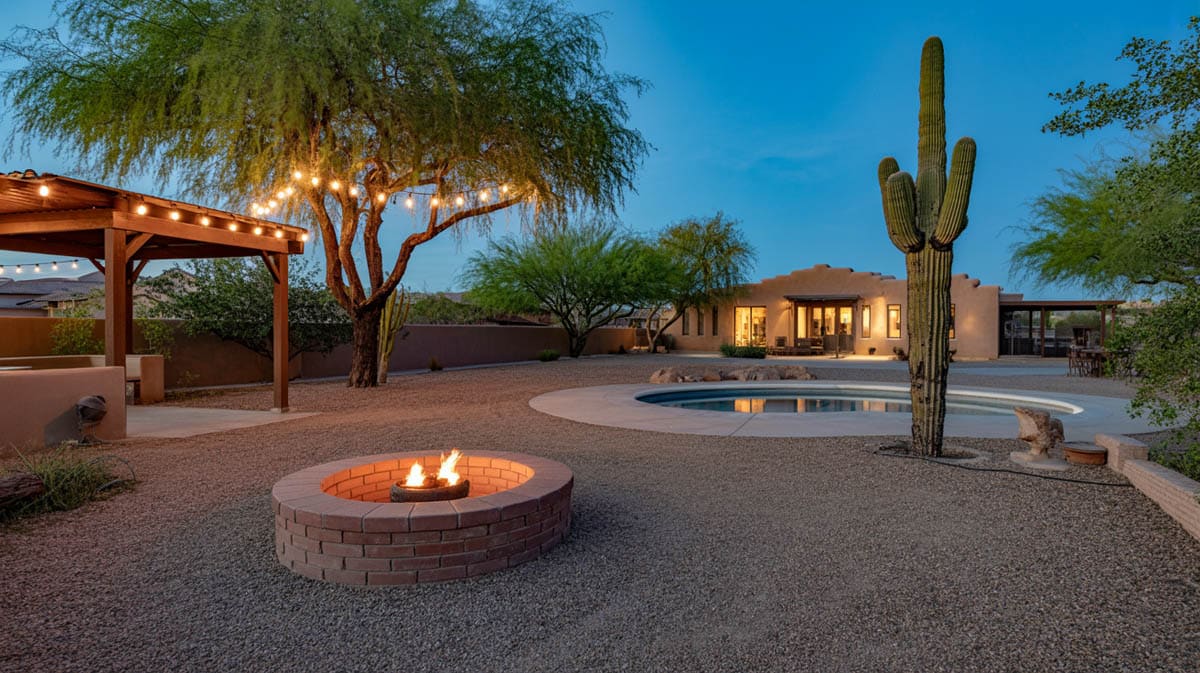 Inviting shade tree with string lights in backyard with firepit