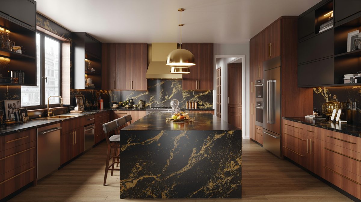 Black and gold quartz waterfall island in rich walnut kitchen with a brass pendant