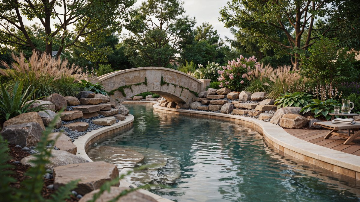 Backyard lazy river pool with a decorative stone bridge and rocks