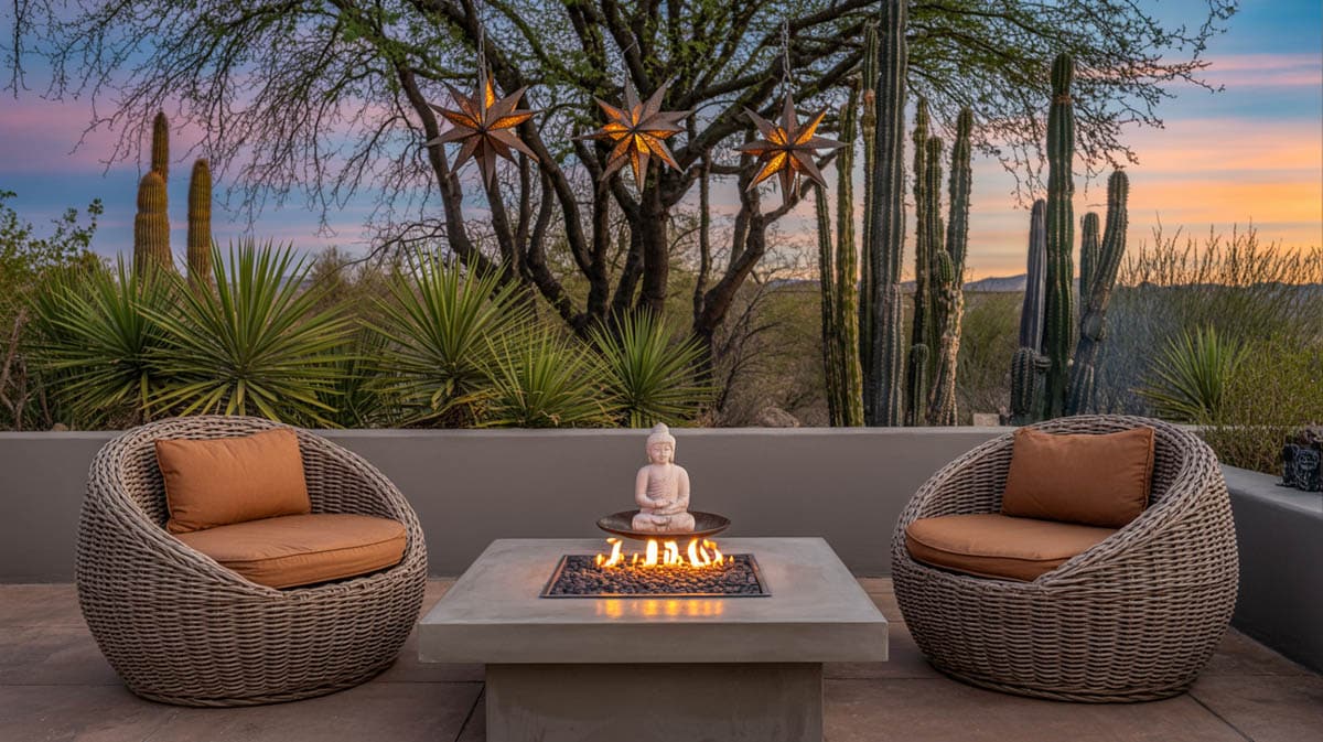 Wicker chairs facing firepit