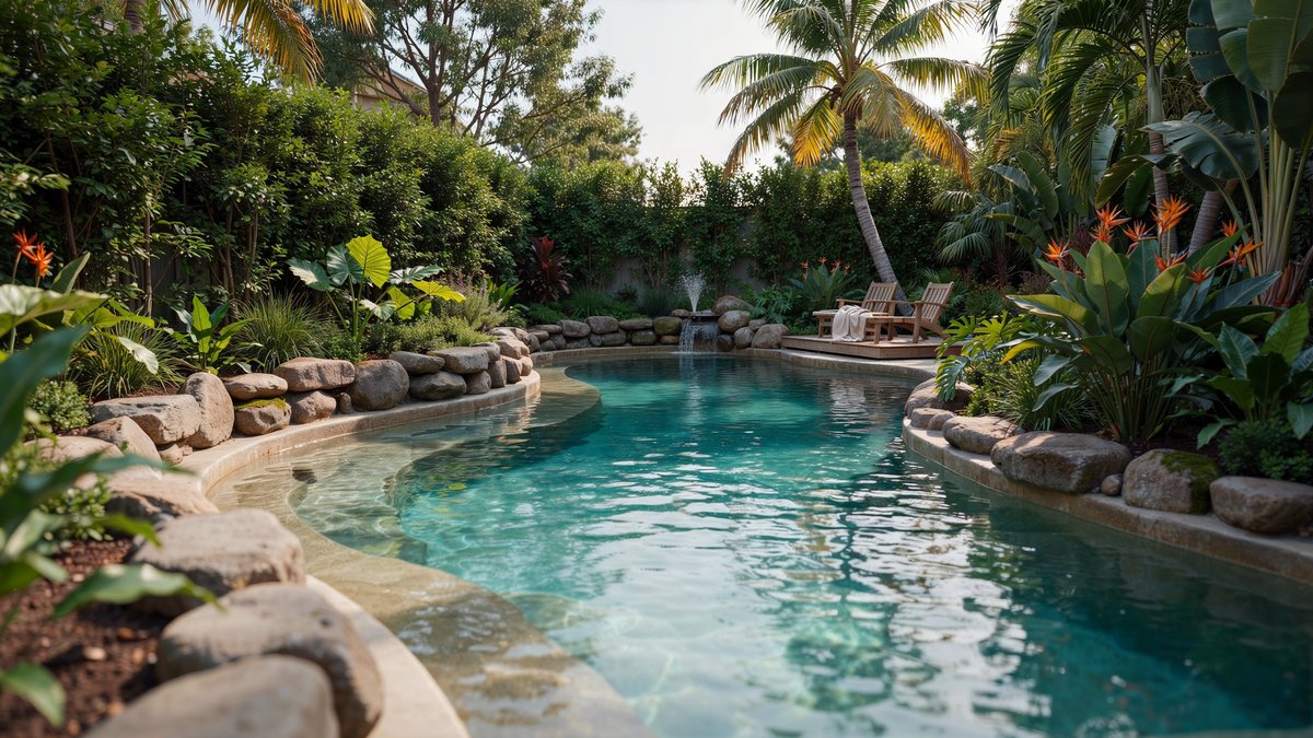 Backyard lagoon style lazy river with curving edges and tropical plants