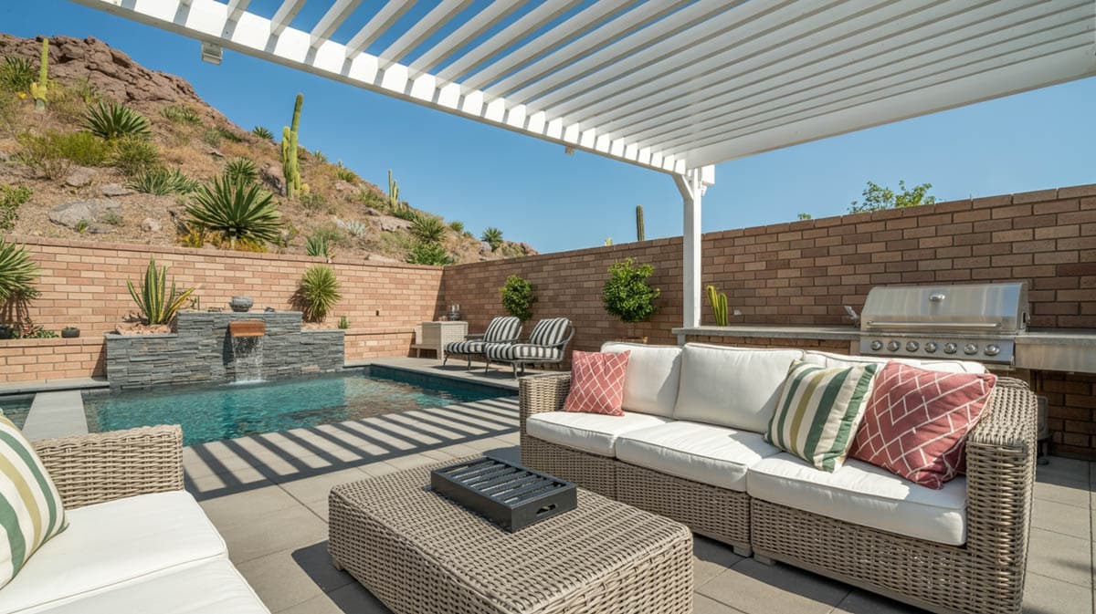 White pergola shade structure near pool