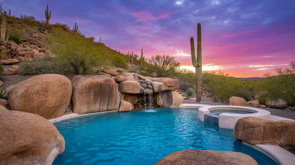 Desert design pool with rock waterfall, built-in boulders and spa