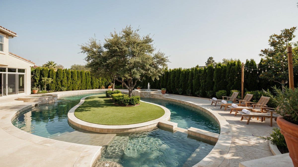 Large custom backyard lazy river forming a full landscaped loop