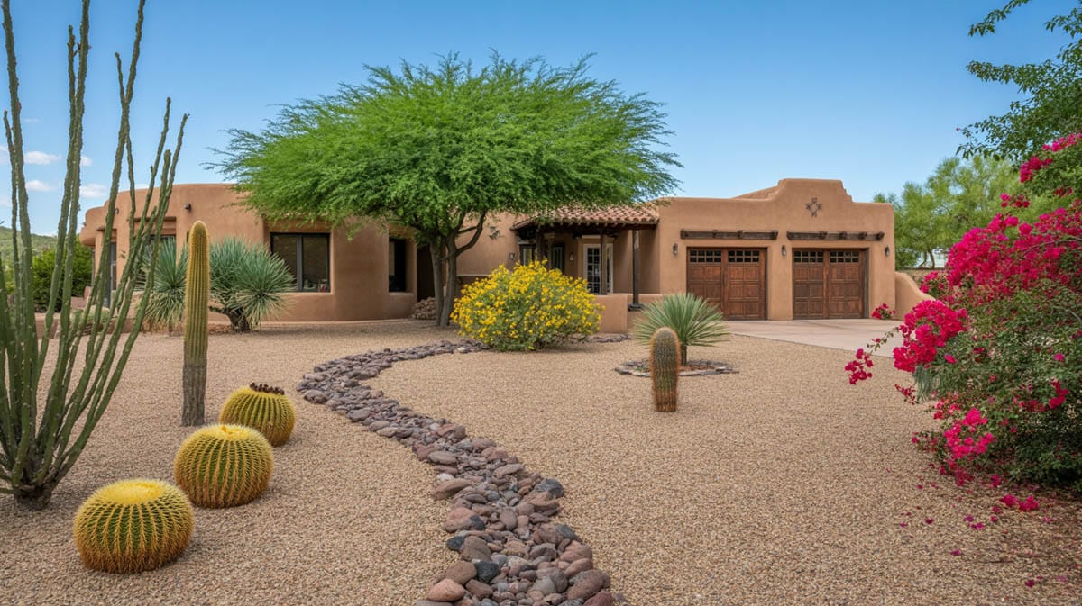 Dry river bed in the front of the house with desert landscapes