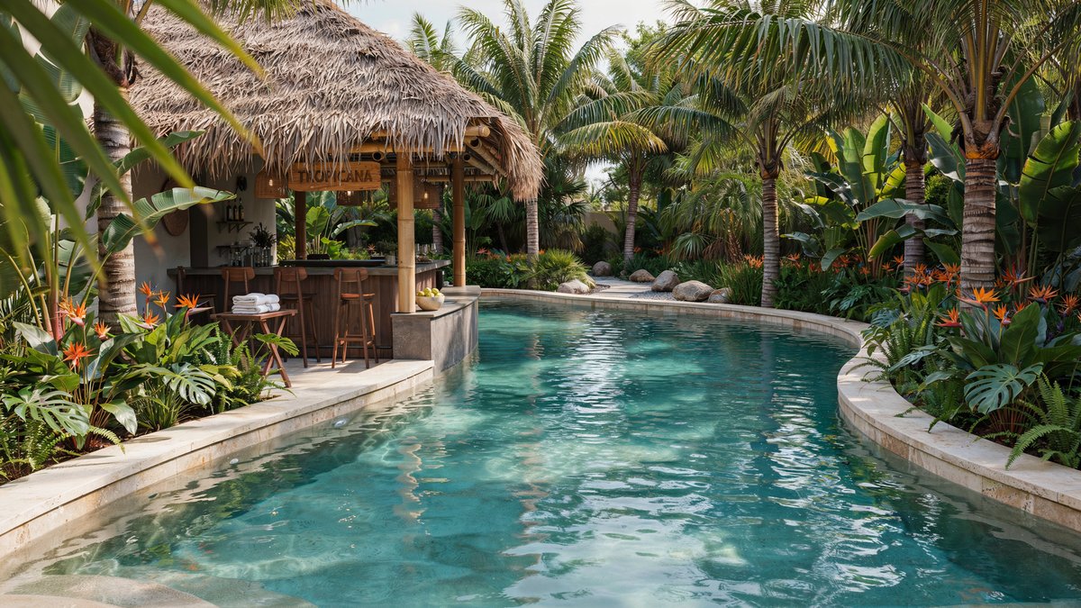 Backyard lazy river pool with a swim up bar and tiki hut