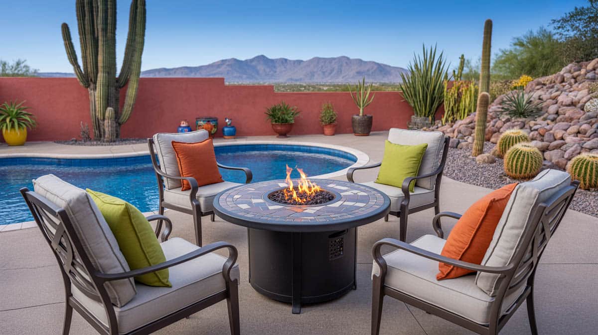 Poolside accent wall with sitting area and colorful pillows