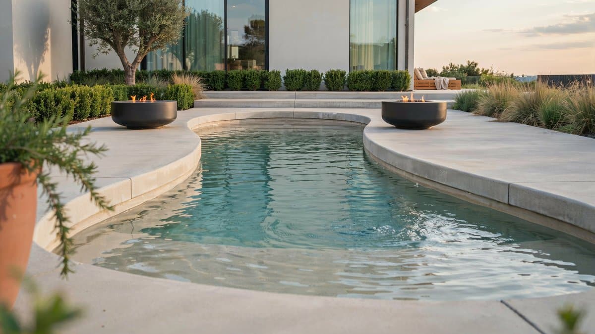 Modern backyard lazy river pool with concrete edges and sleek fire bowls