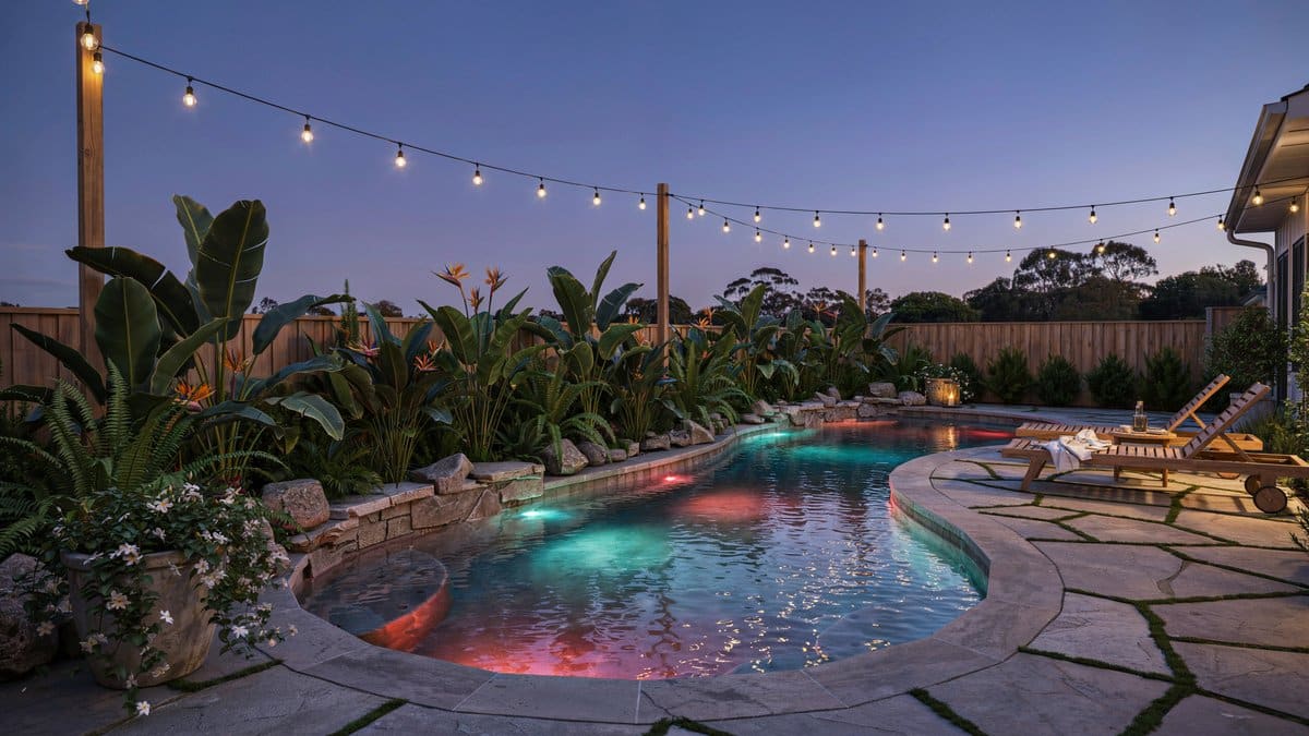Backyard lazy river pool glowing with LED lighting at dusk