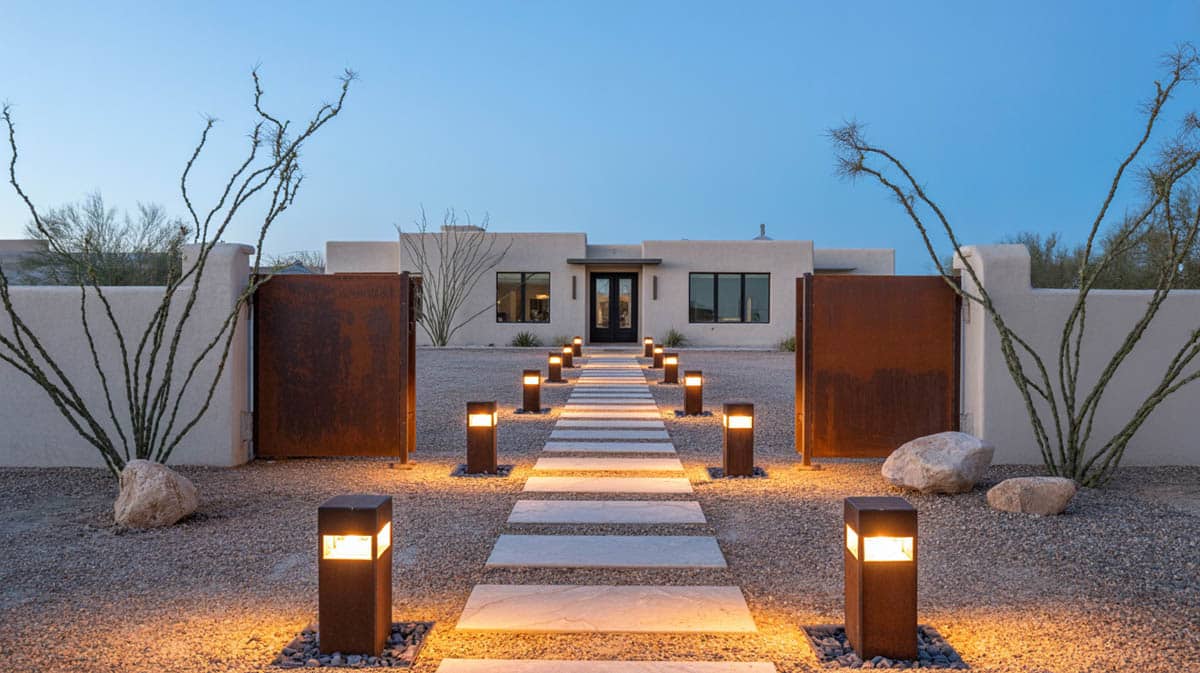 Stone walkway with gravel and light bollards leading to house entry
