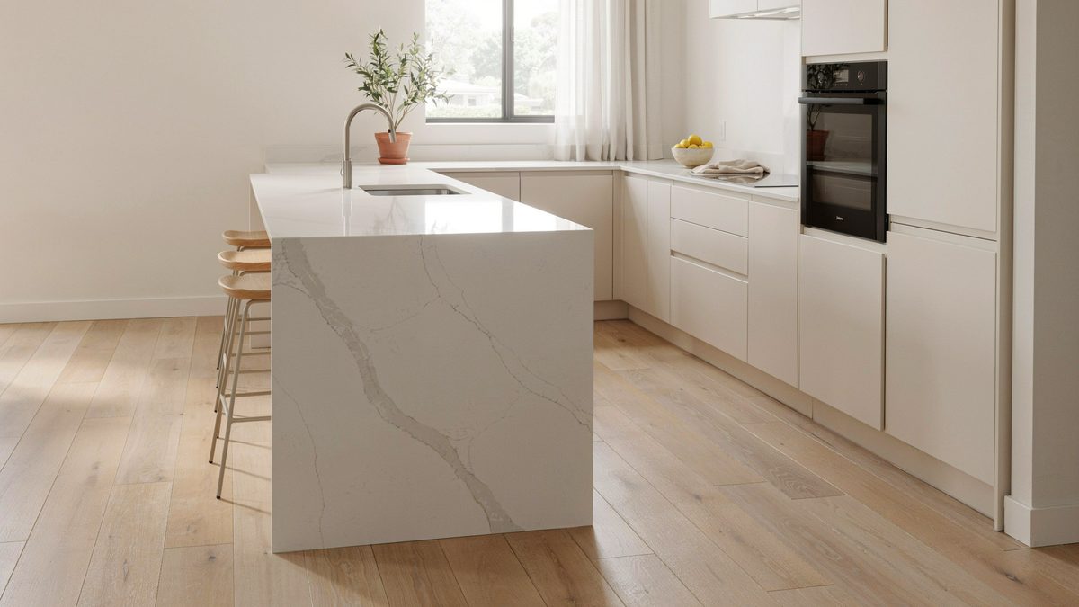 Bright kitchen featuring a marble-look waterfall porcelain island and white cabinetry