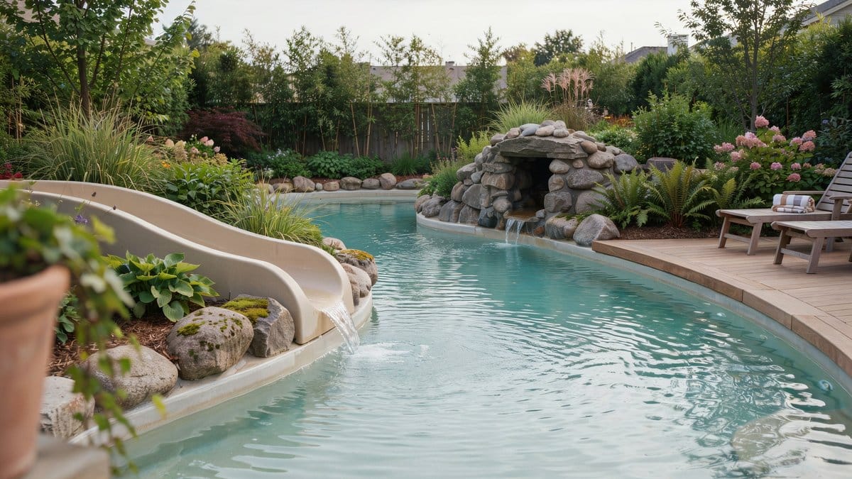 Backyard lazy river pool with a gentle water slide and rock grotto