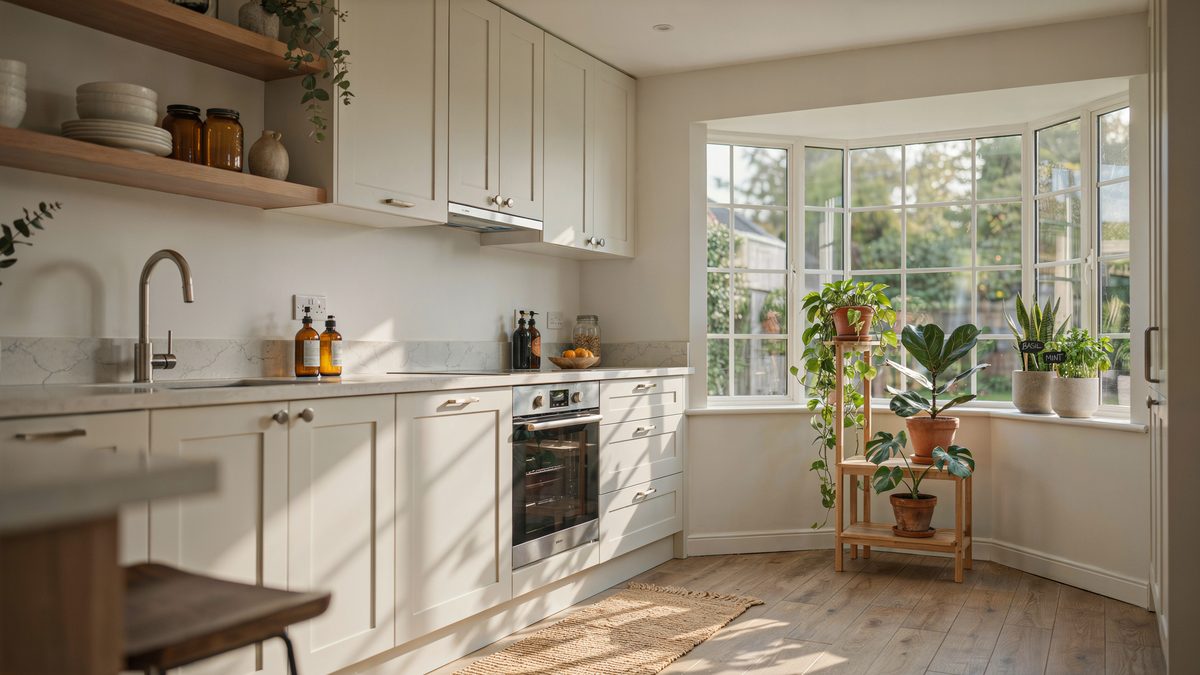 Sunlit white kitchen with a corner garden window and potted herb plants
