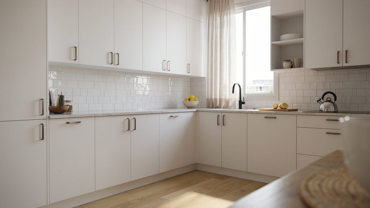 Glossy L-shaped kitchen with white subway tile and a black gooseneck faucet