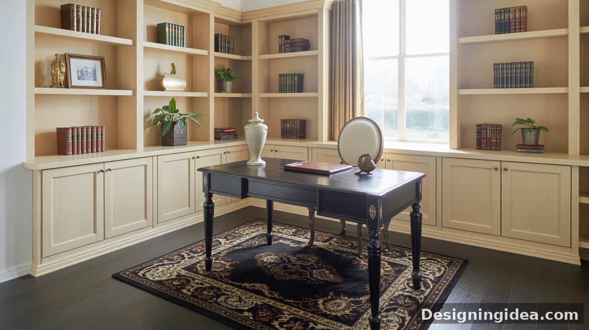 Antique cream open shelves with a trestle farmhouse desk on beige carpet, with botanical wall accents and a white mesh chair.