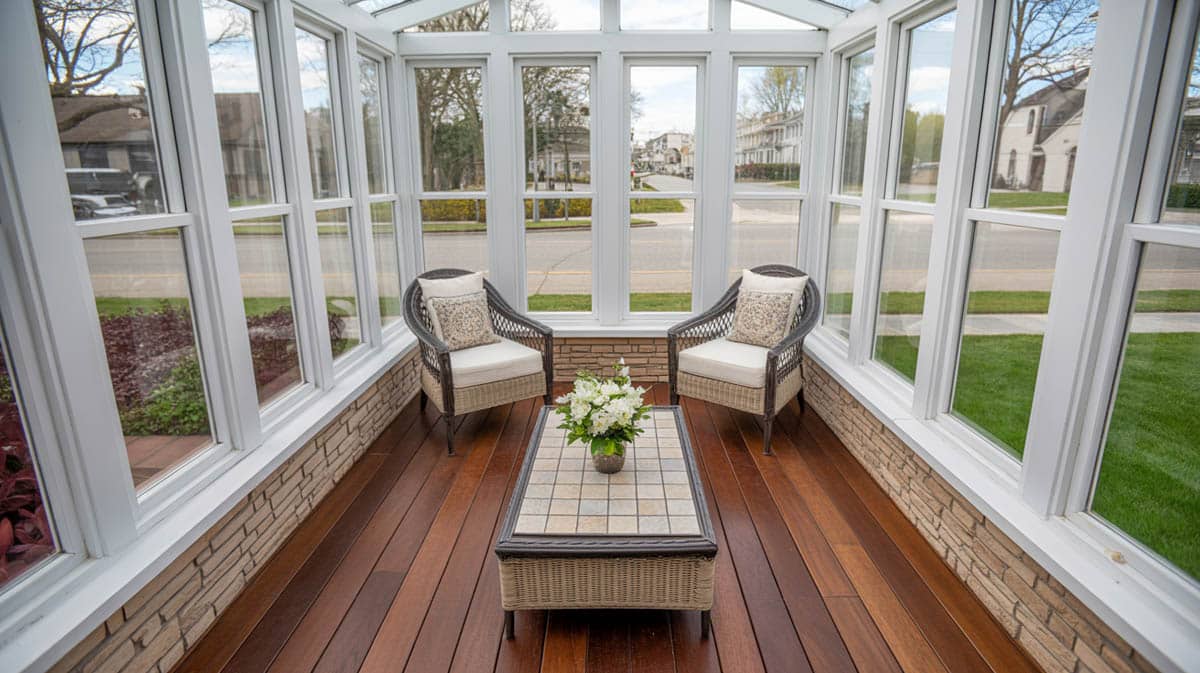 Bright sunroom with white frame windows, stone veneer knee wall, dark hardwood floors, and wicker chairs