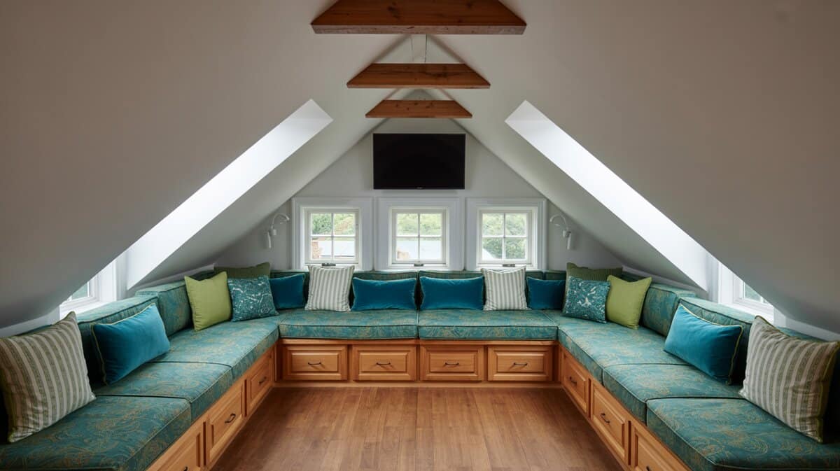 Attic L-shaped window seat with teal cushions under sloped ceiling and beams