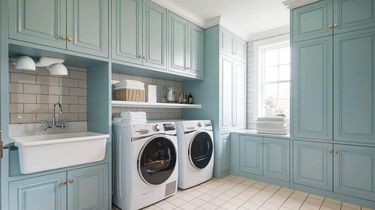Pretty laundry room with front load washer dryer built in cabinets